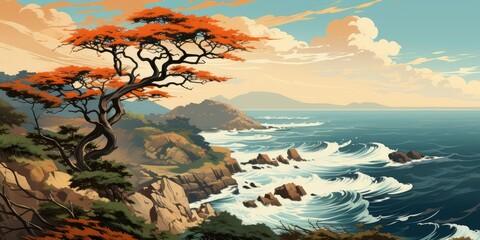 Canvas Print - Coastal tree with orange leaves