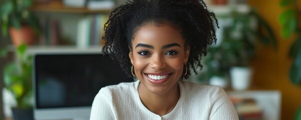 Businesswoman smiling while working from home, Generative AI