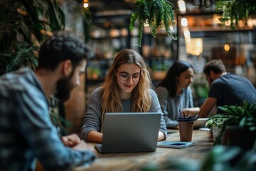 Young professionals collaborating on a business project in a modern office, Generative AI