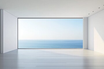 Wall Mural - Spacious modern room with panoramic ocean view and natural light in a serene coastal setting at sunrise