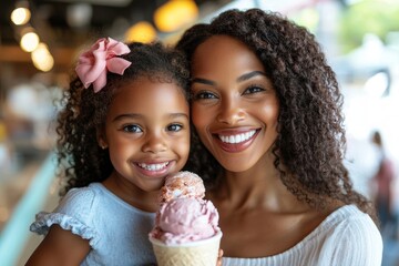 happy black mother and daughter enjoying ice cream together, generative ai