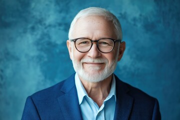 Smiling elderly man in a blue blazer standing against a textured blue backdrop in a well-lit indoor setting