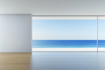 Wall Mural - Modern interior with ocean view and minimalist design featuring blue waters and serene beach scene during daytime