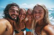 © Pooja - Happy surfing friends taking a selfie on a fun beach vacation, Generative AI