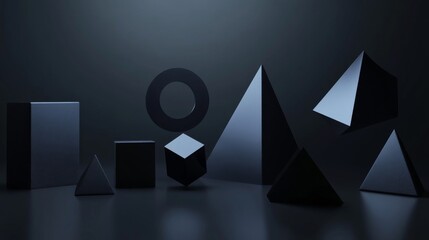 Poster - A powerful image of a diverse set of abstract geometric shapes forming a balanced, dynamic pattern against a dark background