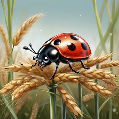 Illustrate a cute, cartoonish ladybug with large, expressive eyes and a fluffy red-and-black body, small brown legs, and transparent wings. The ladybug should be smiling warmly at the viewer, with a f