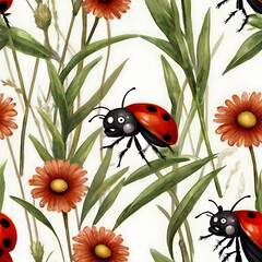 Illustrate a cute, cartoonish ladybug with large, expressive eyes and a fluffy red-and-black body, small brown legs, and transparent wings. The ladybug should be smiling warmly at the viewer, with a f