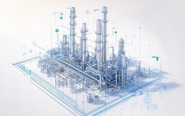 Poster - Conceptual illustration of an industrial processing plant with detailed diagrams and blueprints showcasing operational aspects