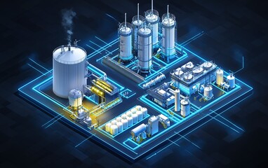 Poster - Industrial facility with interconnected systems showcasing modern technology in an illuminated design at night