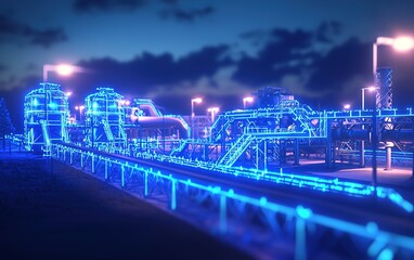 Poster - Illuminated industrial complex under a twilight sky showcasing vibrant blue neon lighting along the pipelines and machinery
