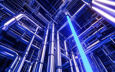 Poster - Intricate network of blue metallic pipes illuminated by a striking blue beam in an industrial setting