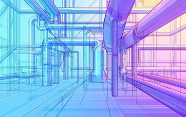 Poster - Abstract outline of industrial piping and structures in a vibrant color gradient, showcasing design elements in a modern facility