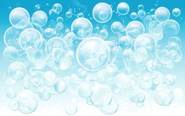 Poster - Gentle bubbles floating in a serene blue background, creating a tranquil atmosphere in a playful and calming setting