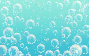 Poster - Clear bubbles floating gracefully against a soft blue background, capturing the essence of tranquility and freshness