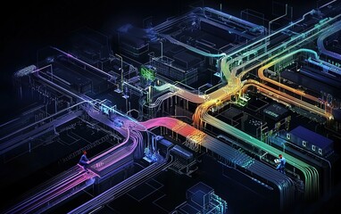 Poster - Digital cityscape with colorful data streams flowing through urban infrastructure at night