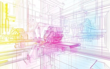 Poster - Abstract industrial design in vibrant colors showcasing a complex machine in a futuristic setting