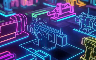 Poster - colorful neon representation of industrial machinery in a futuristic workshop setting showcasing var