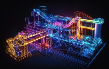 Poster - A vibrant neon representation of an industrial machine intricate design outlined against a dark background