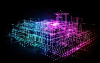 Poster - A digital architectural blueprint showcasing a modern building design with vibrant neon lines against a dark background