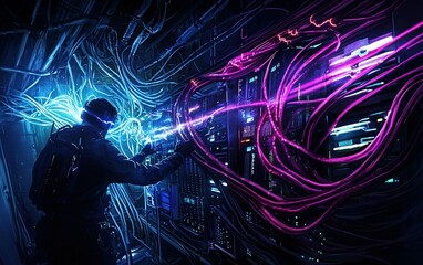 Poster - A futuristic technician manipulates glowing data streams in a cybernetic server room filled with intricate wiring at night