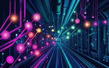 Fototapete - Colorful digital tunnel with bright lines and dots representing technology and innovation in a futuristic setting