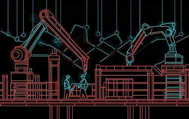 Poster - Two workers interacting with robotic arms in a modern industrial setting showcasing automation and technology advancements