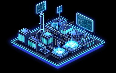 Poster - Digital illustration of a futuristic power plant with neon lights and advanced technology, showcasing energy production and monitoring systems