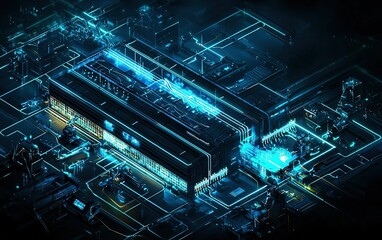 Poster - Aerial view of a futuristic data center illuminated with blue lights in a high-tech urban landscape surrounded by digital circuitry