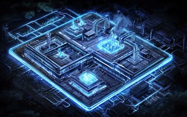 Poster - Futuristic high-tech factory in a neon-lit cyberpunk landscape showcasing advanced machinery and pipelines at night