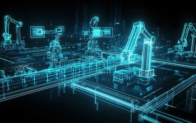 Poster - A futuristic automated factory with robotic arms working efficiently in a neon-lit environment at night