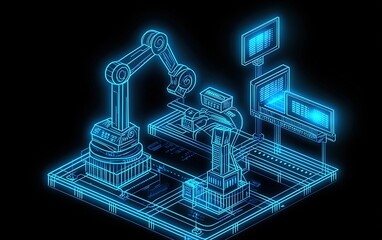 Poster - Robotic arms assemble components in a high-tech factory environment with digital displays showing data in a futuristic setting