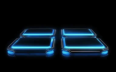 Poster - Futuristic glowing blue rectangular panels arranged in a grid against a dark background showcasing technology design concepts