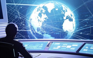 Poster - A person monitors global data trends from a futuristic control room with a holographic Earth display