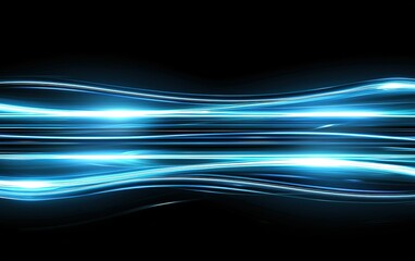 Poster - Bright blue light waves create a mesmerizing abstract pattern against a dark background, evoking a sense of motion and energy