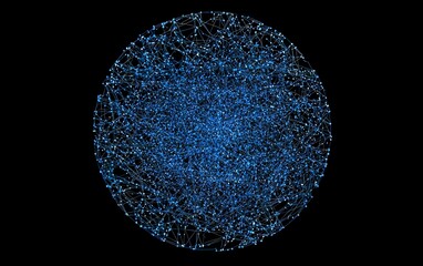 Poster - A digital representation of a complex network structure with interconnected nodes illuminated in blue against a dark background