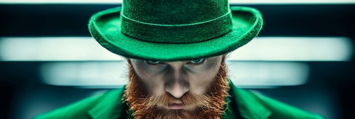 Leprechaun elf symbol of St. Patrick's Day. Cheerful character Irish leprechaun with a red natural beard in a green suit and green hat for advertising. Cosplay at the festival on March 17th.