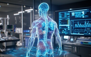 Poster - A digital human anatomy model in a modern medical laboratory showcasing intricate body systems and technology during a research session