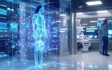 Poster - A digital hologram of a human skeleton displayed in a modern medical facility during a training session with healthcare professionals
