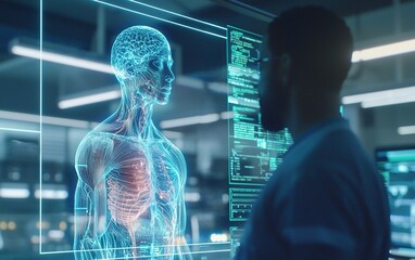 Poster - A medical professional analyzes a 3D holographic human anatomy display in a modern healthcare setting during the daytime