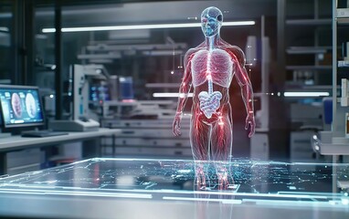 Poster - A detailed view of a digital human anatomy model in a modern laboratory setting showcasing various organs and systems