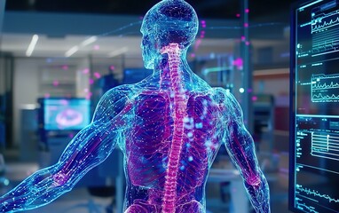 Poster - A digital representation of a human body highlighting the spine and nervous system in a modern medical facility