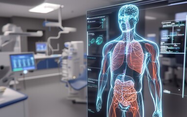 Poster - A detailed digital anatomical model displayed in a modern medical room during a surgical procedure