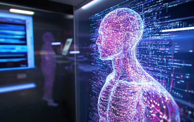 Poster - A digital representation of a human figure illuminated with vibrant connections in a modern tech environment