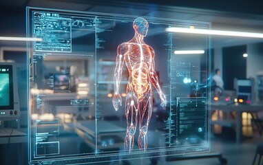 Poster - Anatomical model displayed in a modern laboratory illustrating human physiology and anatomy during a research session