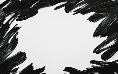 Poster - Abstract black brush strokes create a bold frame around a blank white canvas, perfect for artistic designs and creative expressions