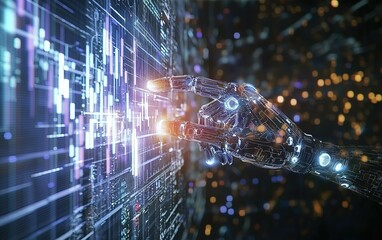 Poster - A futuristic robotic hand interacts with a glowing digital interface in a high-tech environment at night