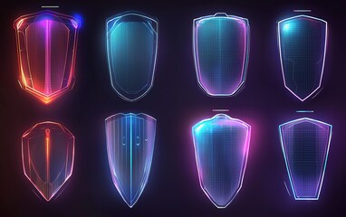 Poster - Colorful futuristic shields displayed in a grid against a dark background showcasing various designs and glowing effects