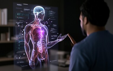 Poster - A person interacts with a holographic display of the human body in a modern, tech-oriented workspace during the evening hours