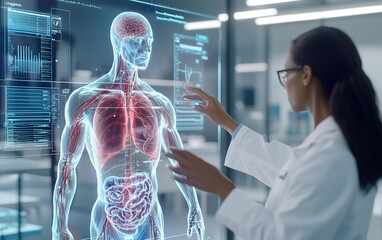 Poster - Health professional analyzing human anatomy using advanced holographic technology in a modern medical facility