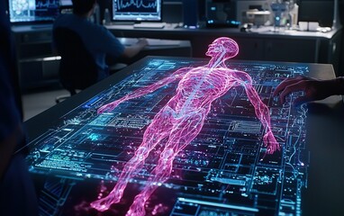 Poster - A futuristic medical examination using holographic technology for human anatomy analysis in a modern healthcare facility